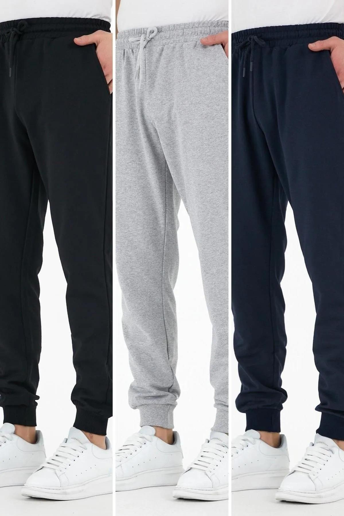 Siyah-gri-lacivert 3'lü Erkek Eşofman Altı Etiketli Arka Ve Yan Cepli Regular Fit