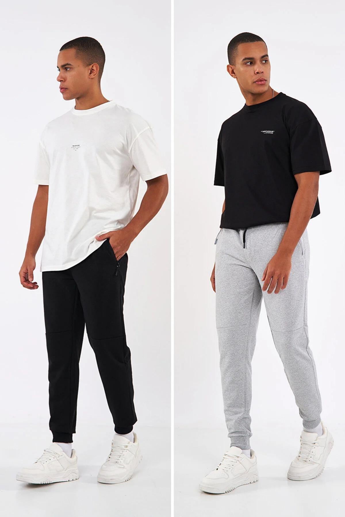 Siyah-gri Paçası Lastikli Erkek 2'li Eşofman Altı