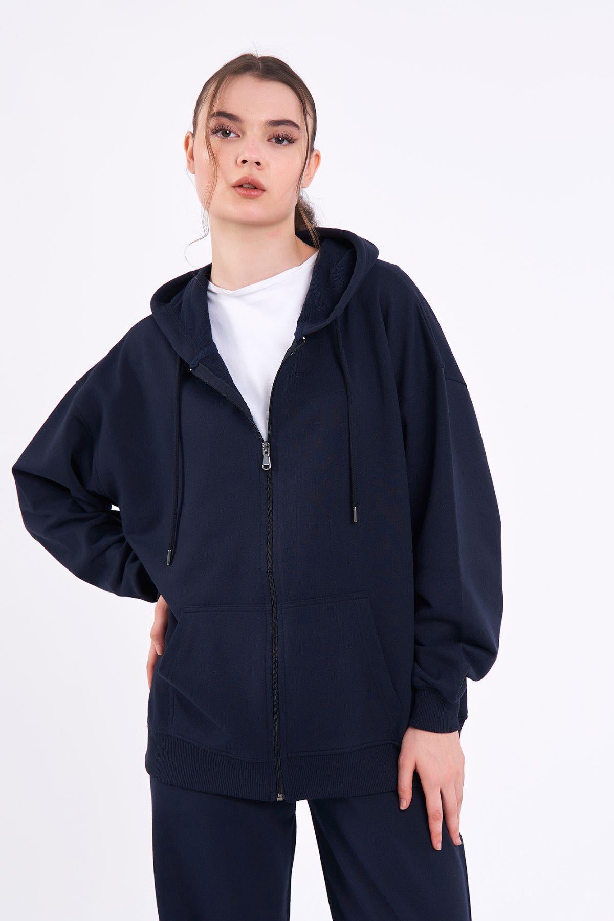 Lacivert Kanguru Cepli Kapüşonlu Fermuarlı Oversize Kadın Sweatshirt CMRB73