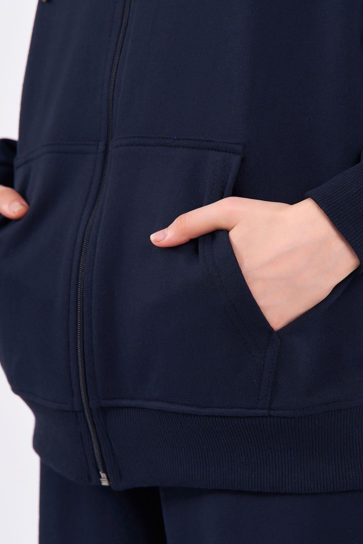 Lacivert Kanguru Cepli Kapüşonlu Fermuarlı Oversize Kadın Sweatshirt CMRB73