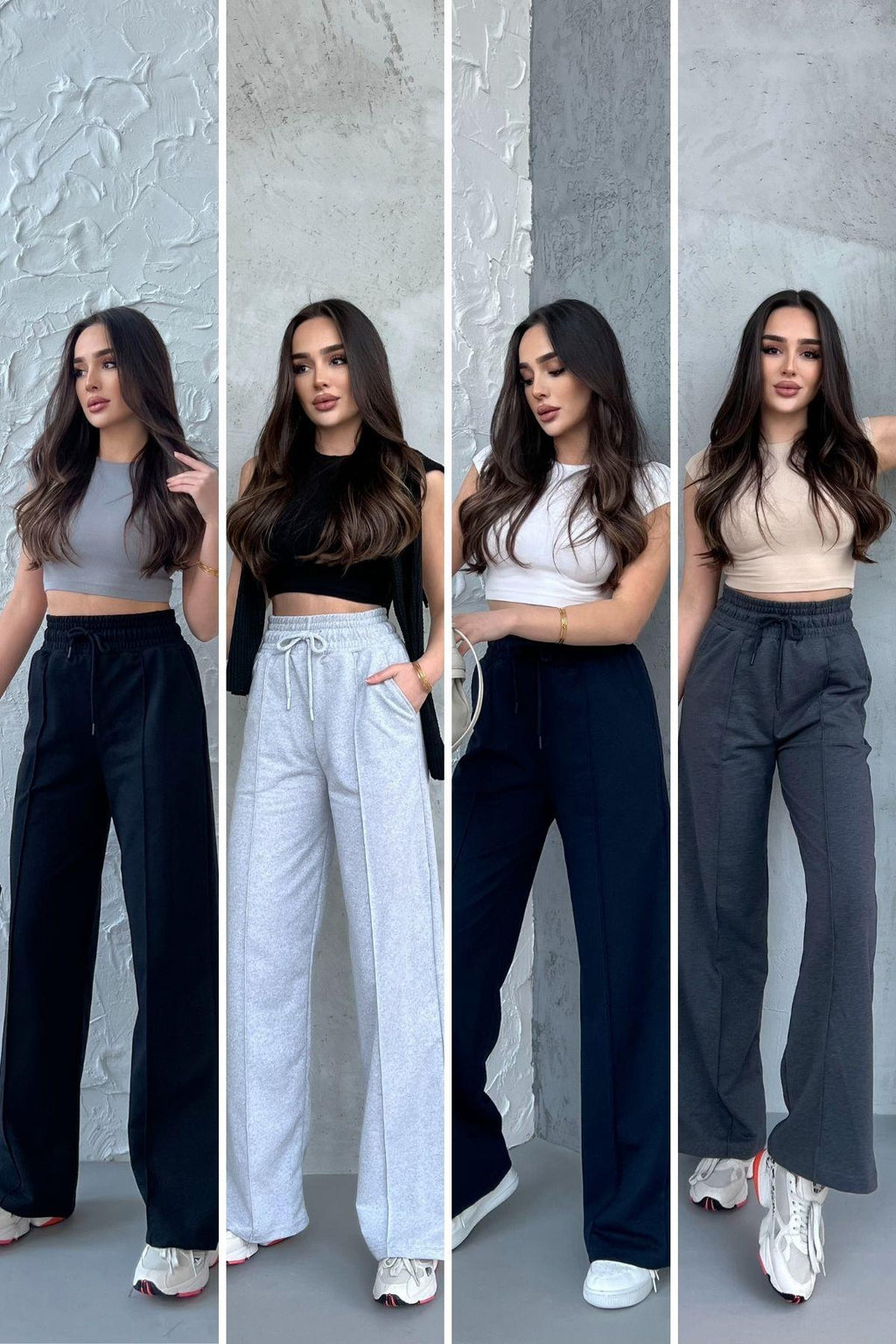 Siyah-Lacivert-Gri-Antrasit Kadın Mevsimlik Salaş Geniş Paça Yüksek Bel 4'lü Eşofman Altı