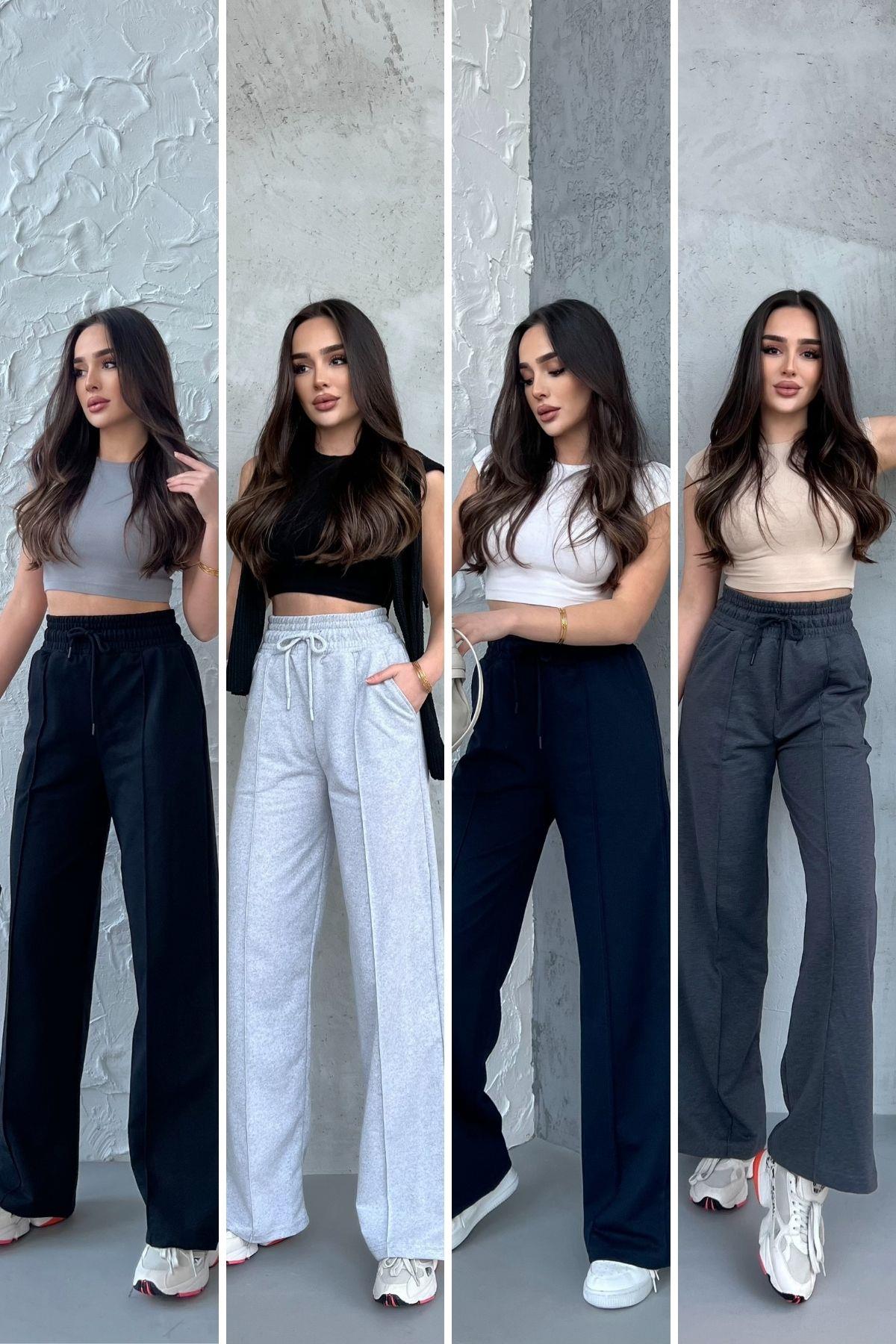 Siyah-Lacivert-Gri-Antrasit Kadın Mevsimlik Salaş Geniş Paça Yüksek Bel 4'lü Eşofman Altı